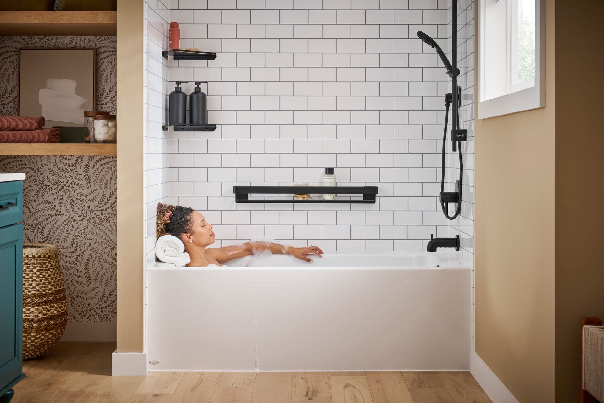 Woman relaxing in remodeled bathtub