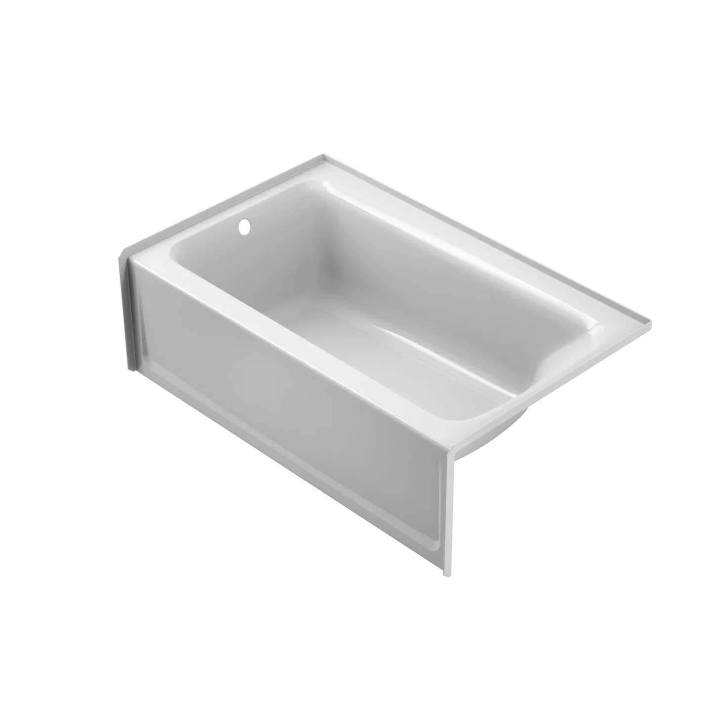 White rectangular alcove bathtub with integrated overflow hole and apron front panel
